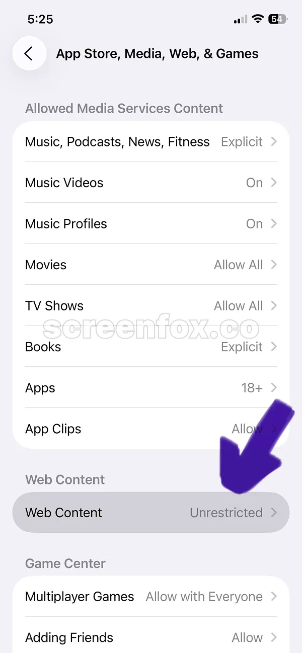 App Store Media Web and Games settings showing allowed content types and web content filter