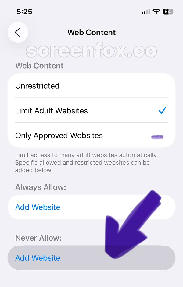 Web Content settings with Limit Adult Websites selected and Always Allow website input field