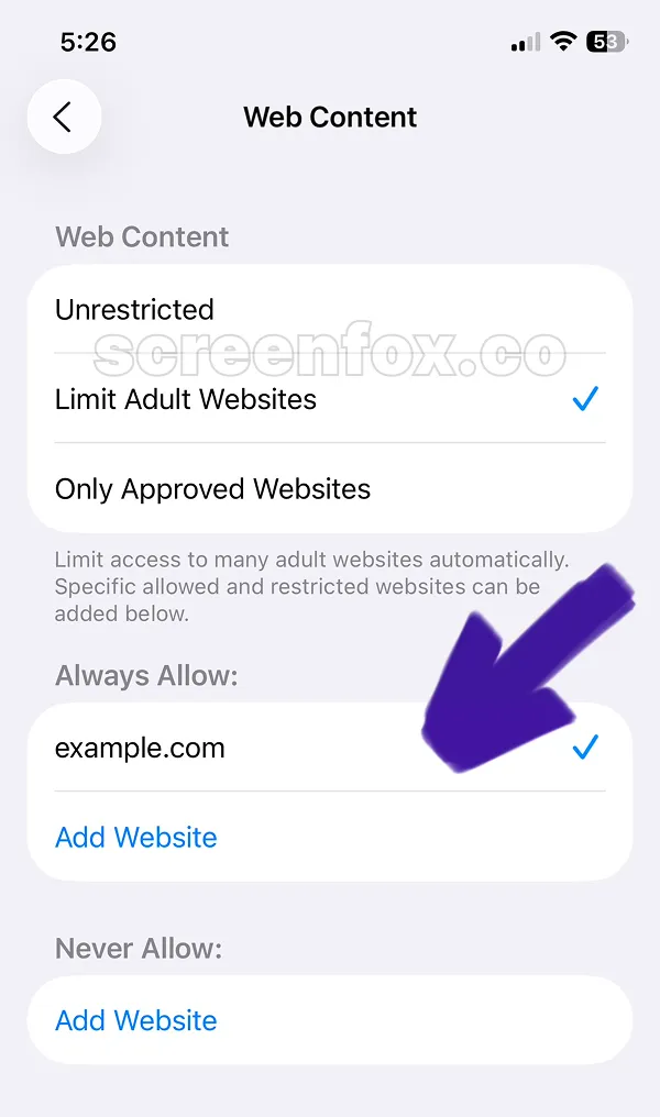 Web Content restriction settings showing Always Allow with example.com checked and Never Allow section