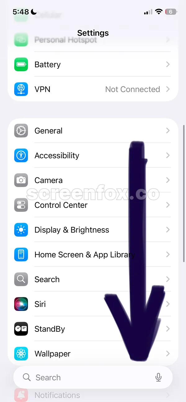 Settings menu showing Battery, VPN, General, Accessibility, Camera and Screen Time options