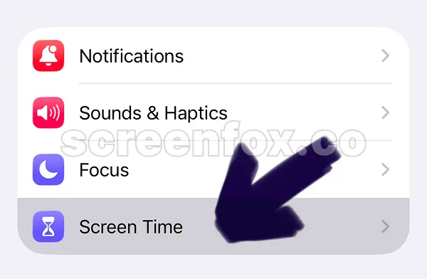 Settings menu highlighting Sounds & Haptics, Focus and Screen Time