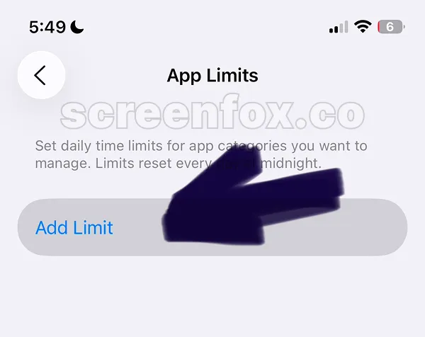 App Limits page with Add Limit button to set time restrictions