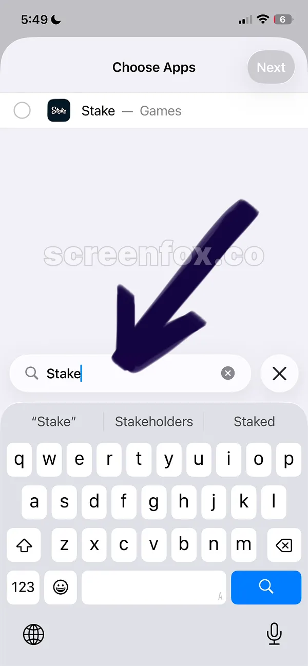 App selection screen with search field finding Stake gambling app
