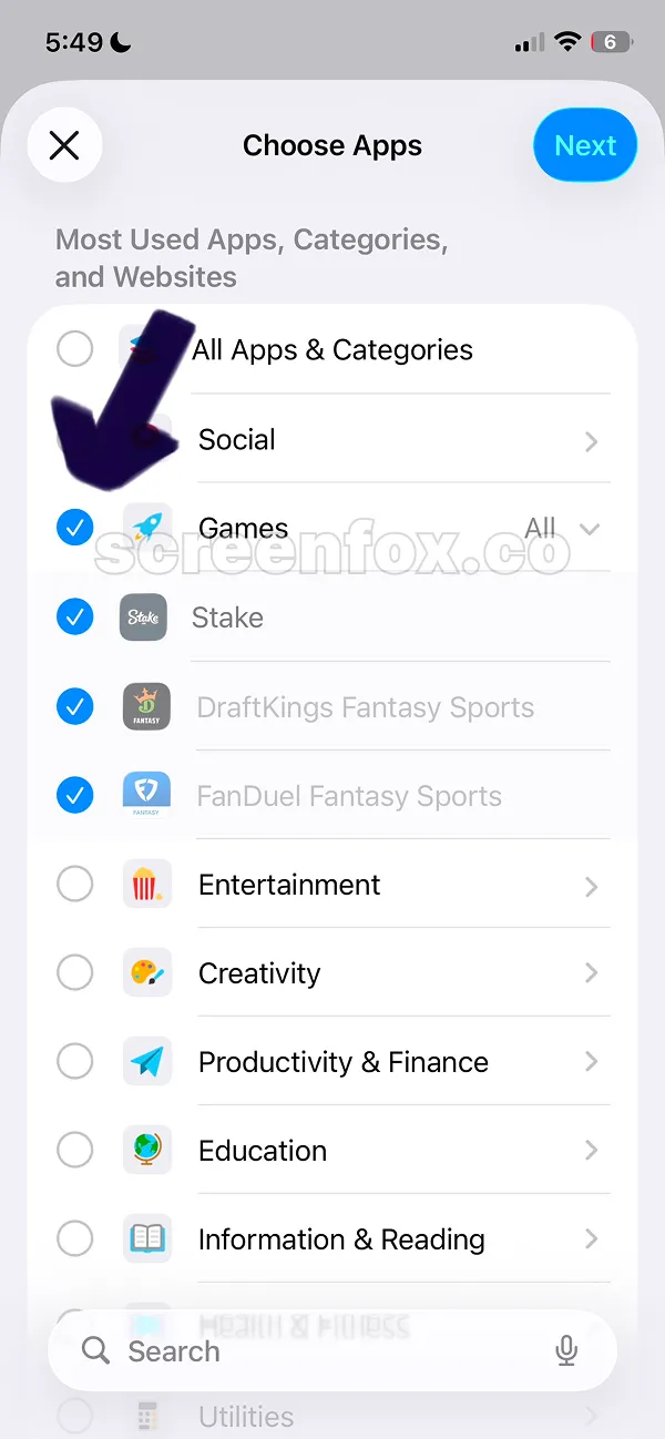 App categories menu with Games category selected showing Stake, DraftKings and FanDuel
