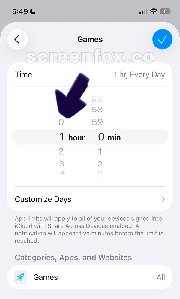 Games category time limit configured to 1 hour every day