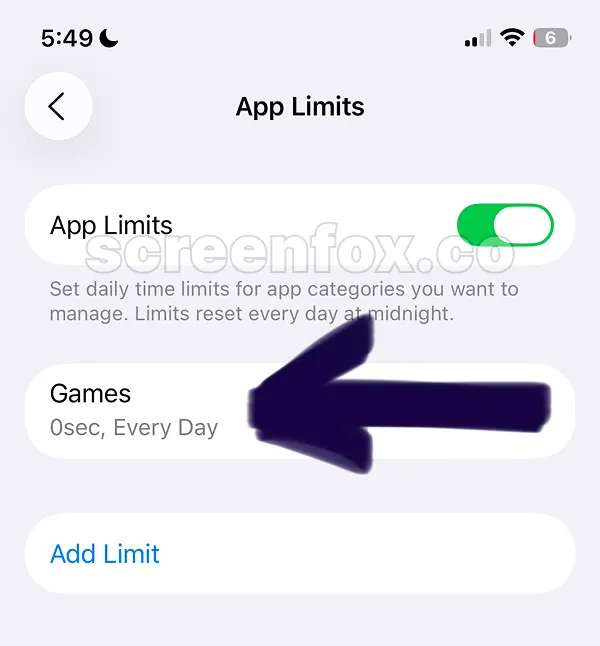 App Limits page displaying Games with 0 seconds daily limit applied