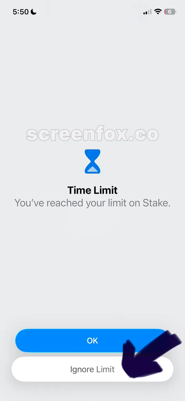 Time limit notification stating reached daily limit on Stake app