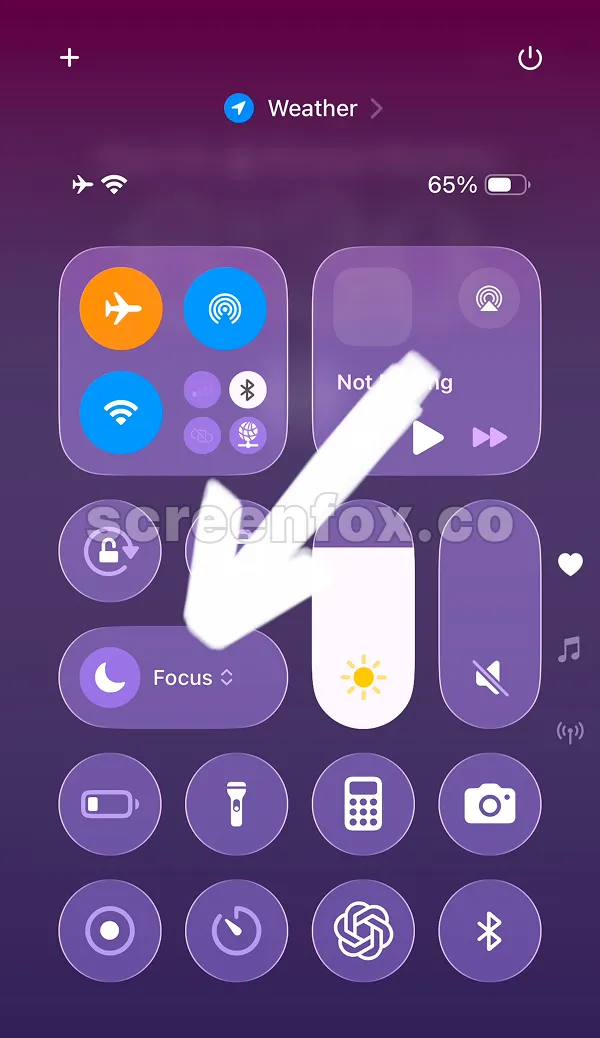 Control Center display featuring the Focus toggle button among connectivity and system controls for quick access to turn off Do Not Disturb