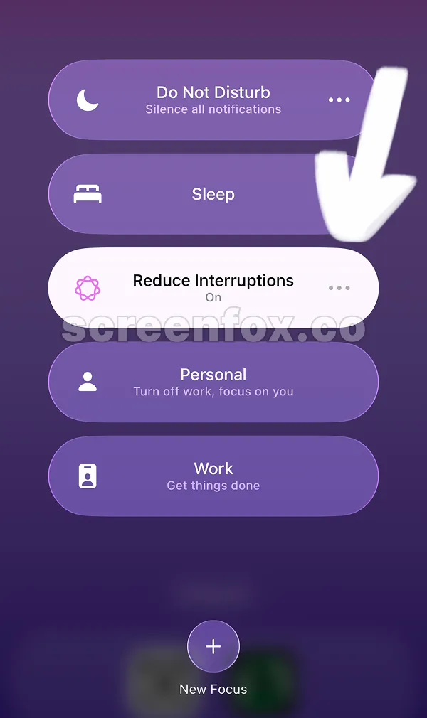 Focus modes list displaying Do Not Disturb, Sleep, Reduce Interruptions, Personal, and Work