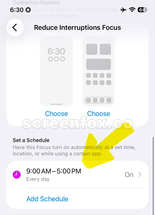 Schedule settings for focus automation showing time range 9:00 AM to 5:00 PM