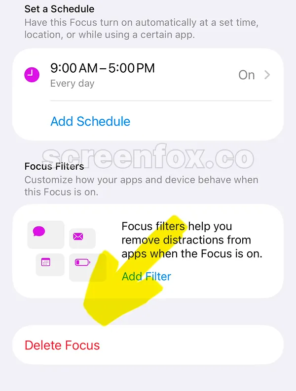 Focus filters section with notification customization and delete focus button
