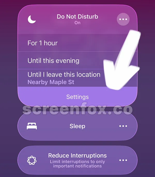 Quick menu displaying duration choices: For 1 hour, Until this evening, and Until I leave this location to turn off Do Not Disturb temporarily