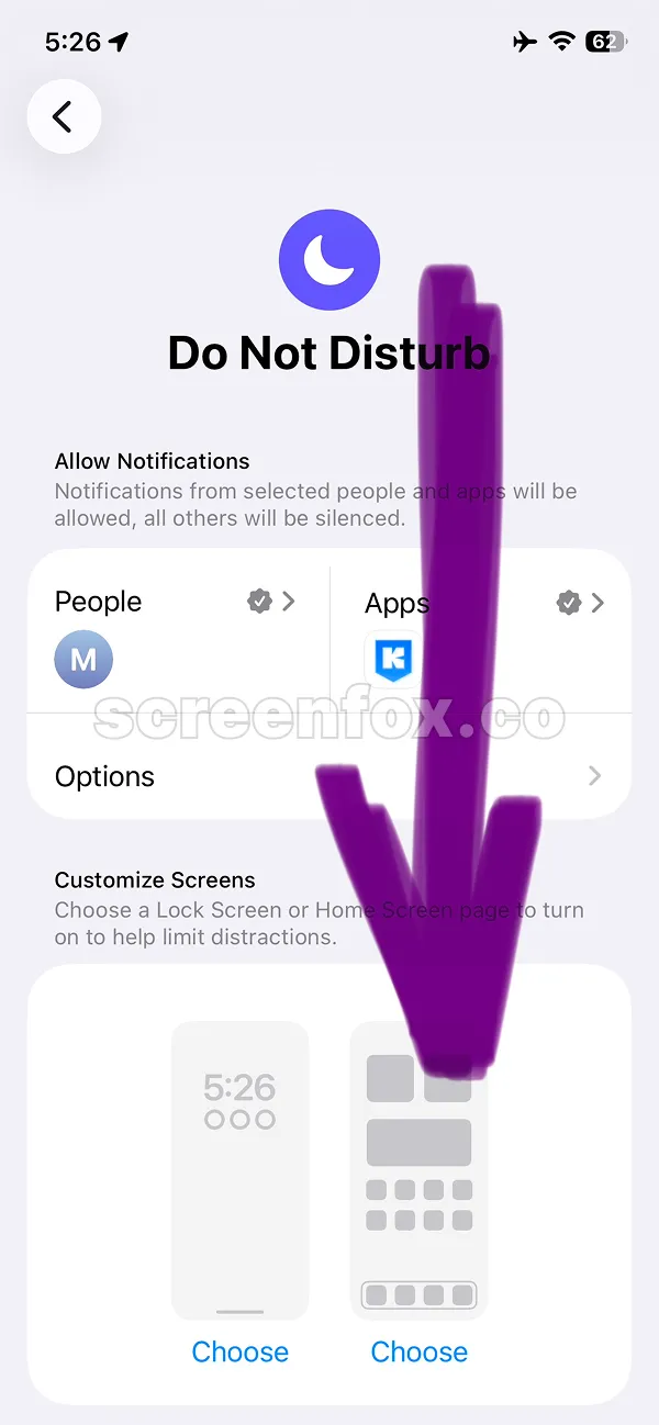 Do Not Disturb settings showing Allow Notifications options to select which people and apps can contact you during this focus mode