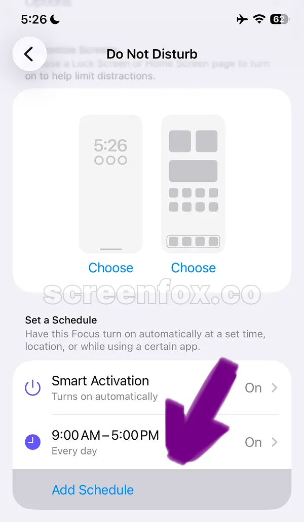 Do Not Disturb settings page with options to customize lock screen and home screen appearance when focus mode is active