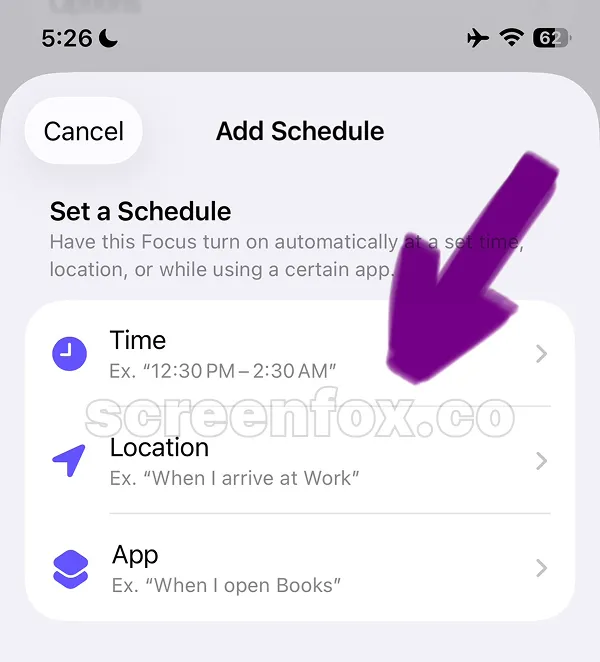 Add Schedule interface showing Time, Location, and App options to set when Do Not Disturb mode activates automatically