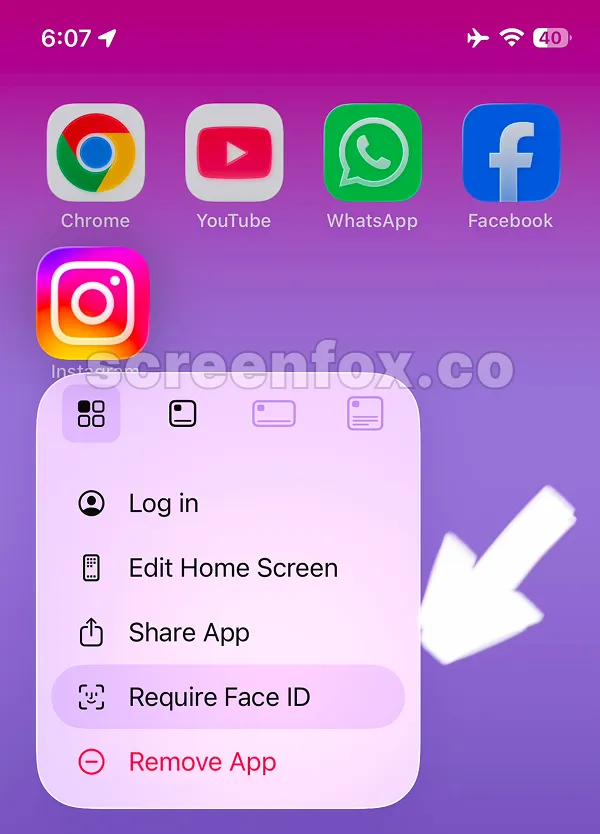 Instagram app quick actions menu with Require Face ID option highlighted