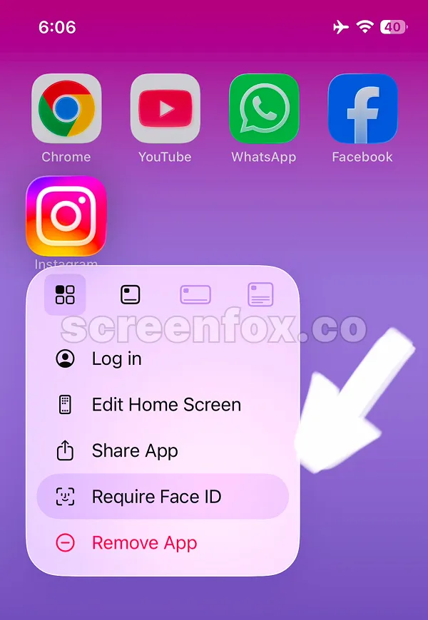 Quick actions menu showing Don't Require Face ID option to unlock app