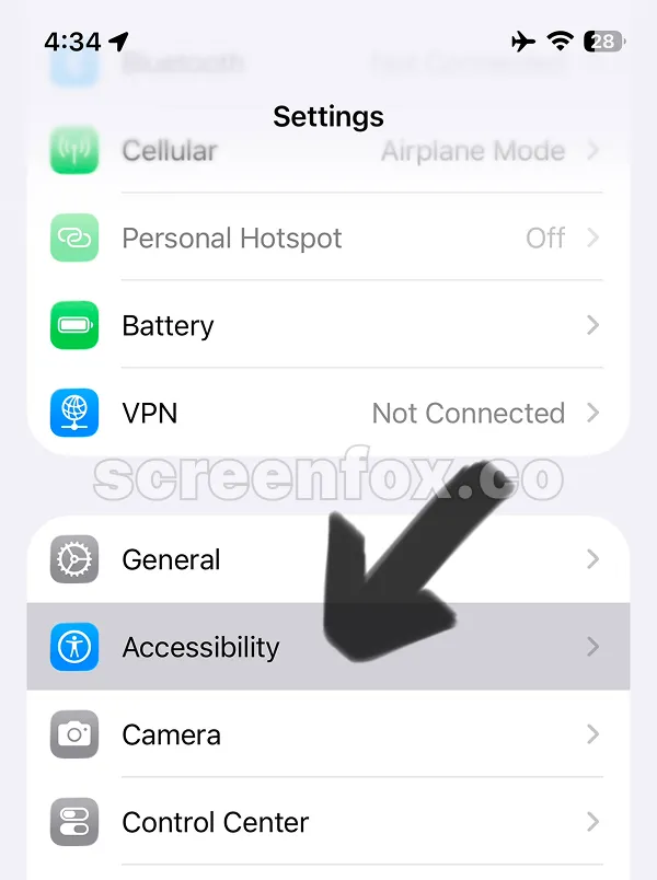 Settings page with Accessibility option highlighted for selection