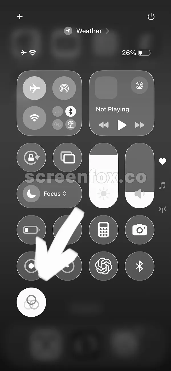 Control Center in grayscale displaying muted tone control widgets