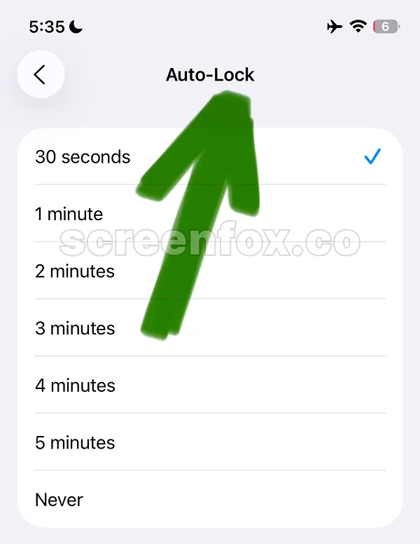 Auto-Lock screen showing available time options from 30 seconds to Never — 30 seconds currently selected