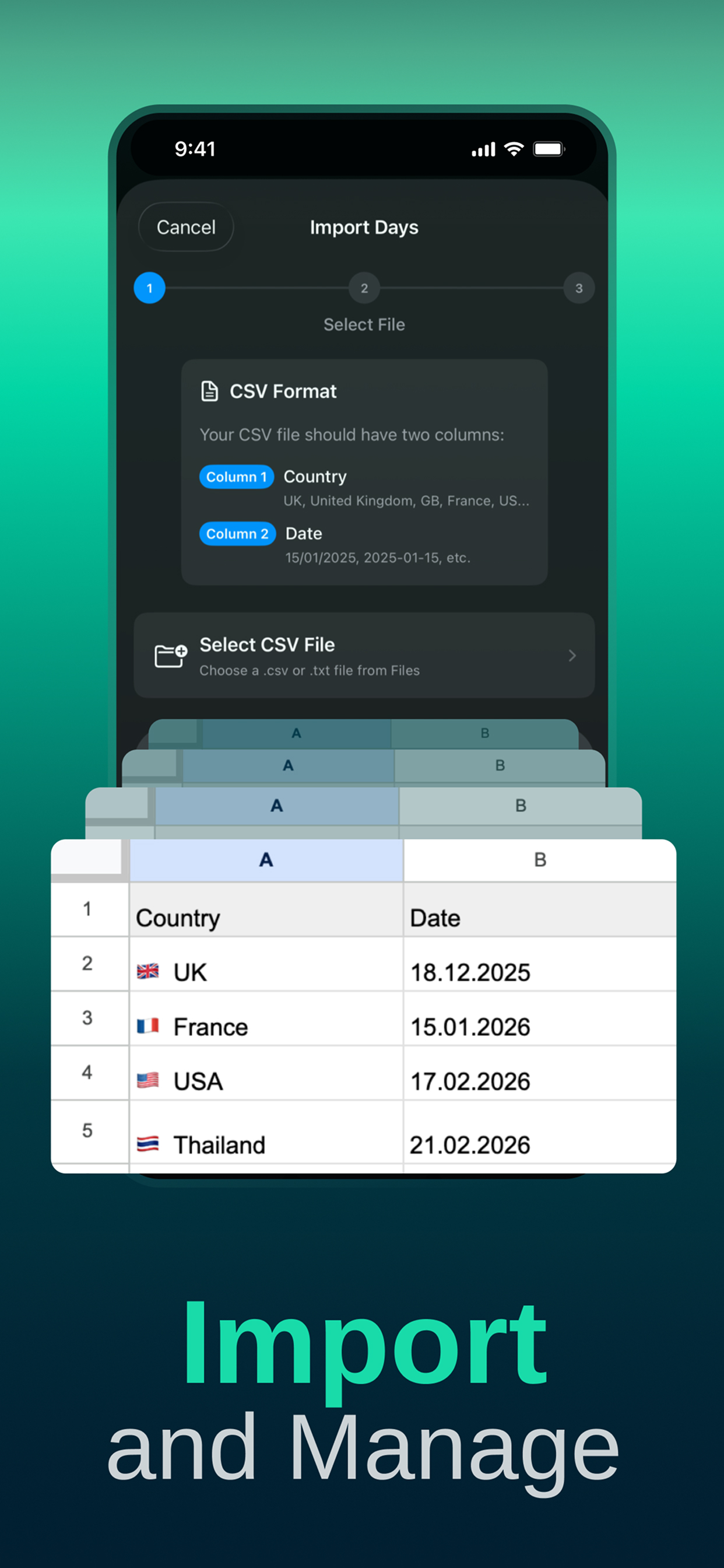 Import and Manage - CSV import wizard with country and date columns
