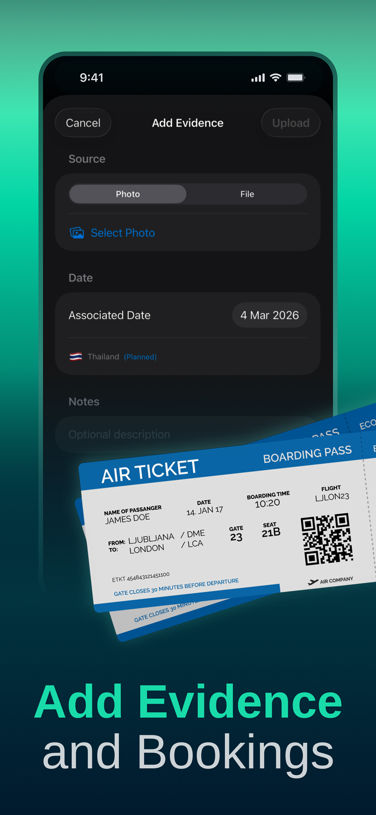 Add Evidence and Bookings - Evidence upload screen with boarding pass attachments