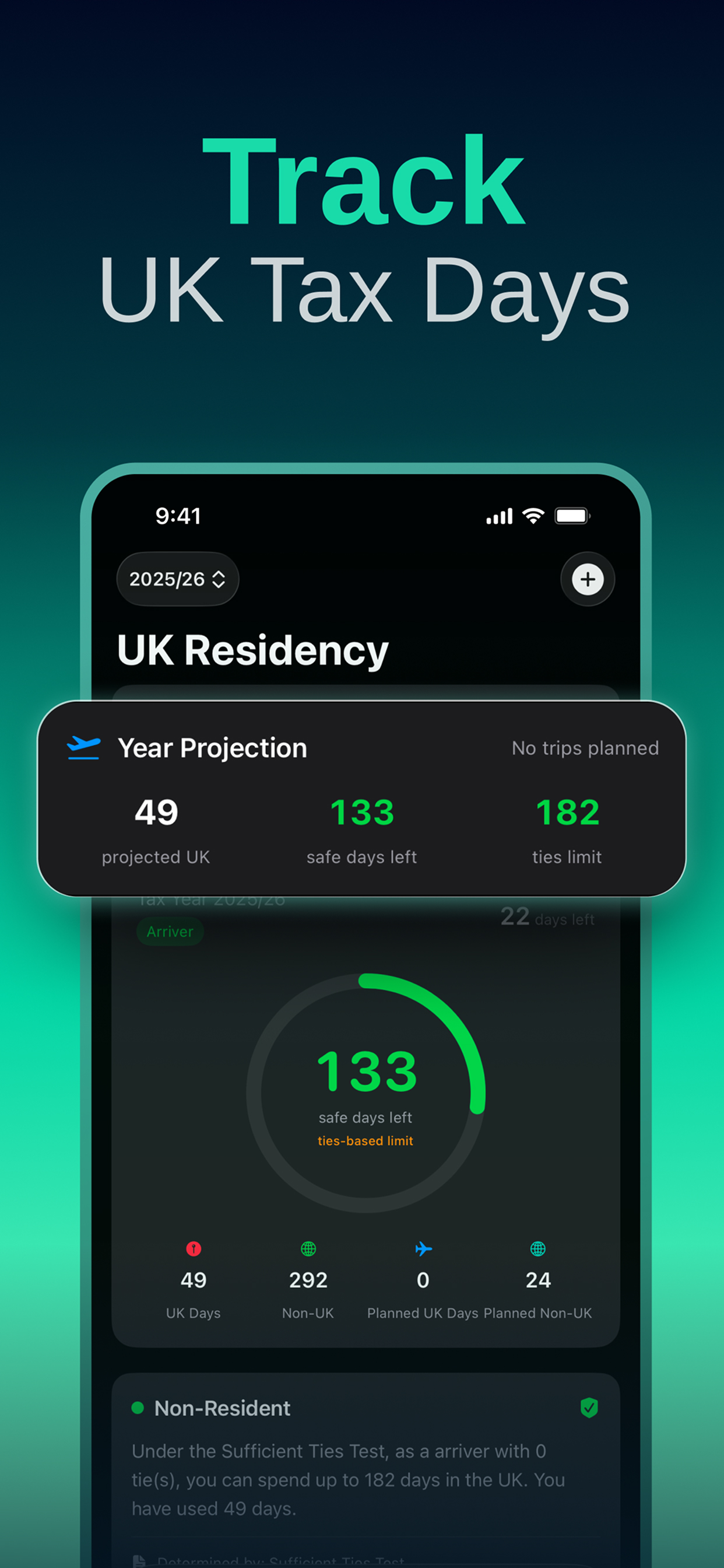 Track UK Tax Days - UK Residency dashboard showing year projection and safe days
