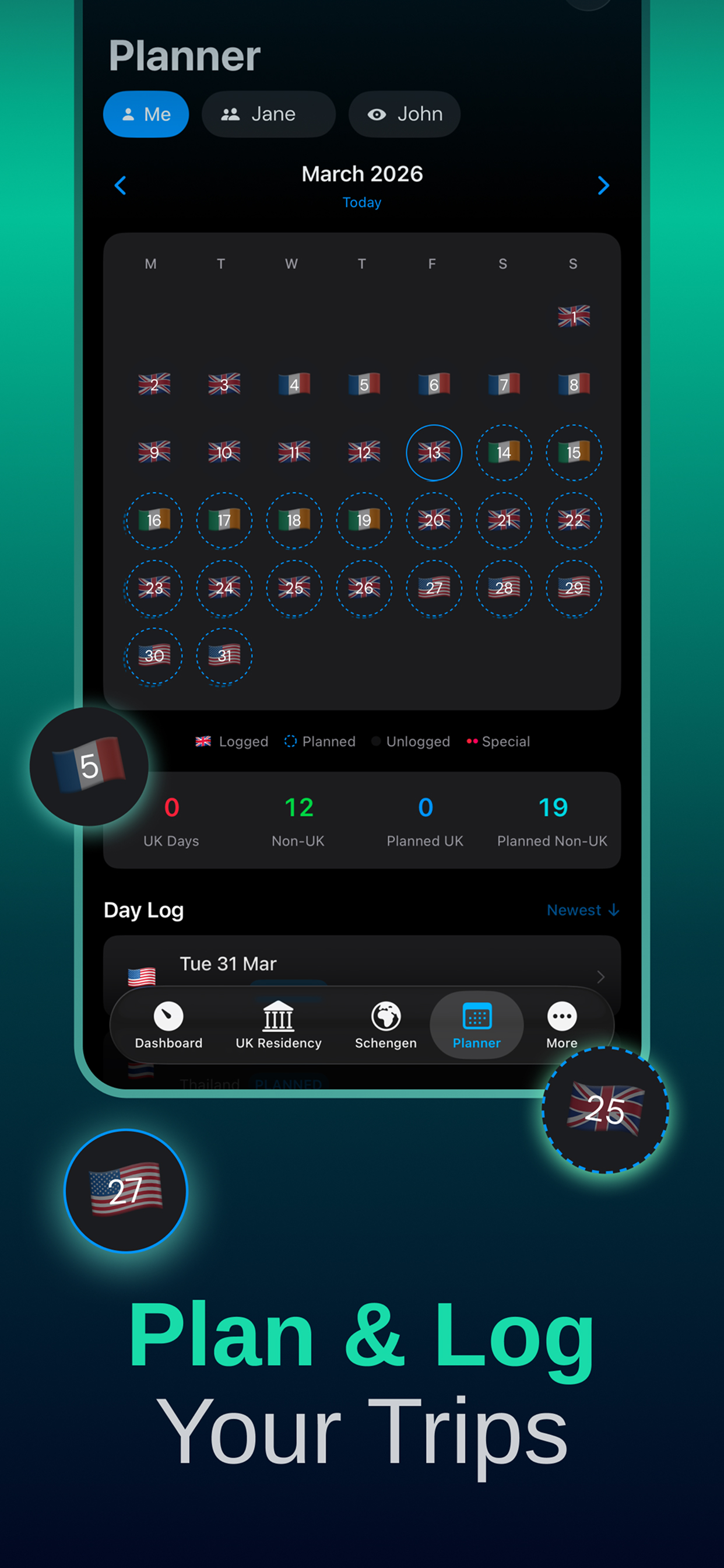 Plan and Log Your Trips - Calendar planner with country flags and day counts