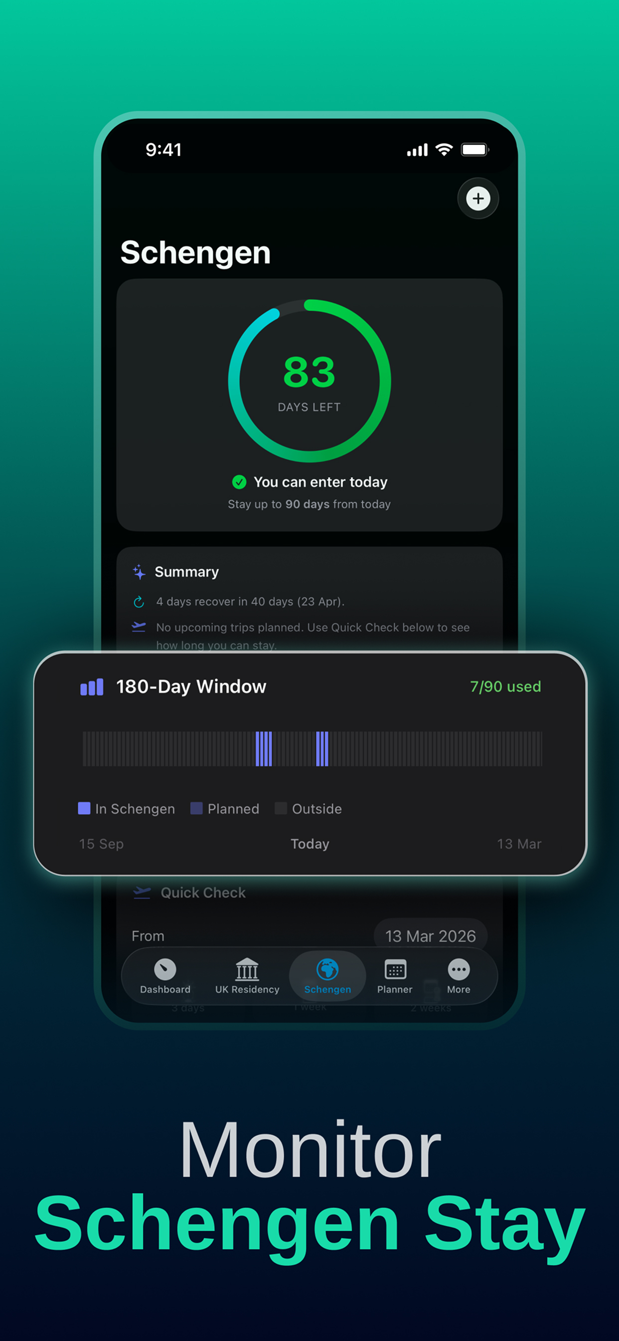 Monitor Schengen Stay - 90/180 day rolling window tracker with days remaining