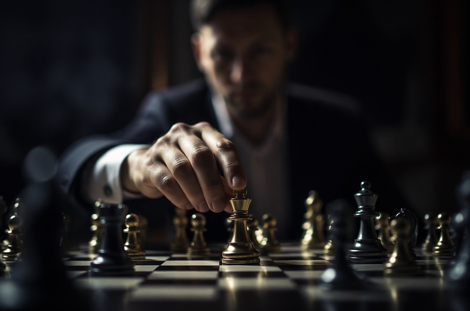Ein Schachspieler, der aus der Unschärfe heraus eine Figur bewegt – Symbol für strategische Macht aus dem Hintergrund.