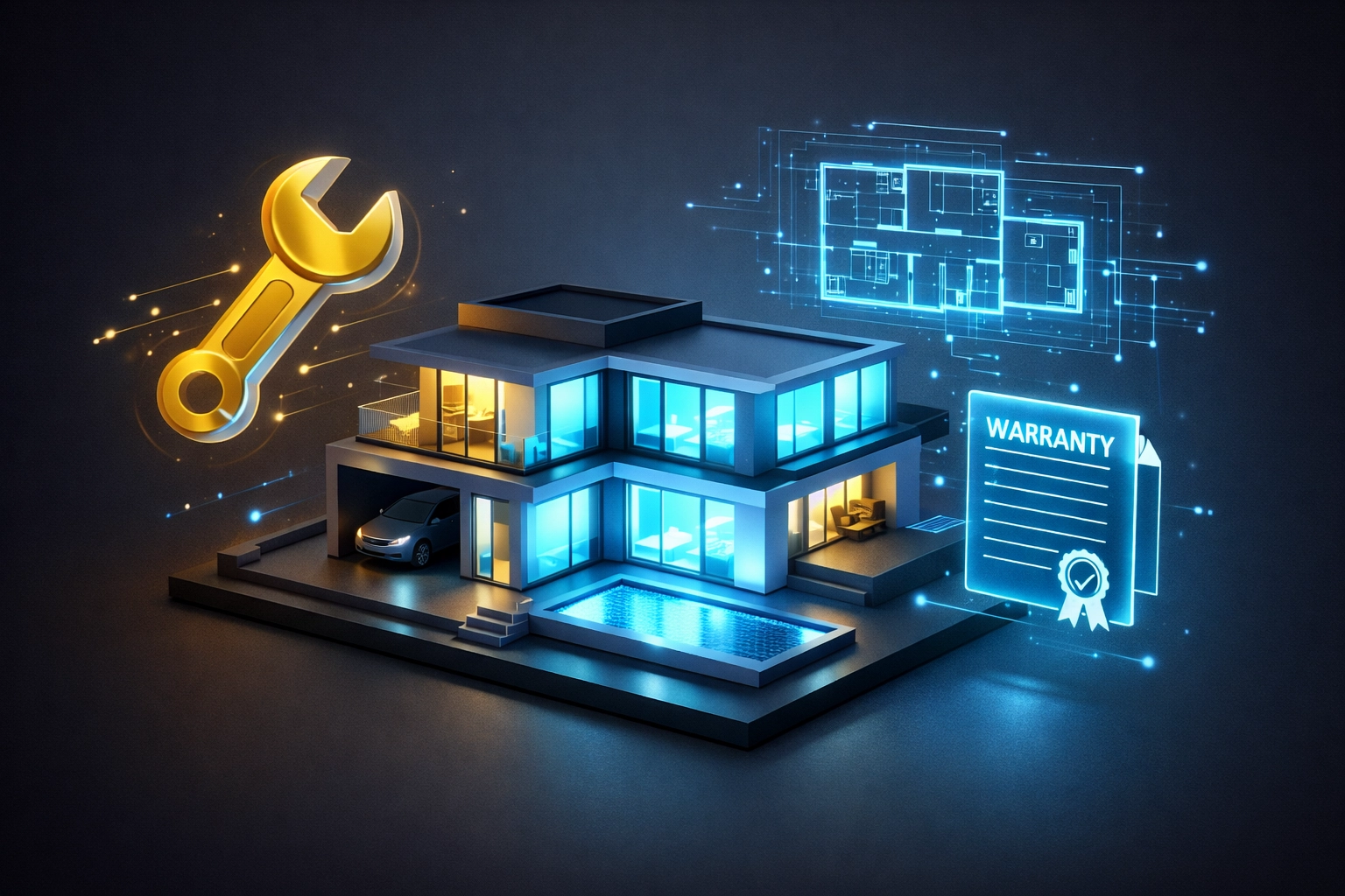 Digital home organization icons floating around a modern house representing a central property database.