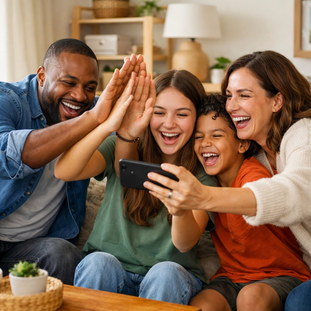 A happy family using a smartphone to manage shared household tasks and reduce weekend stress.