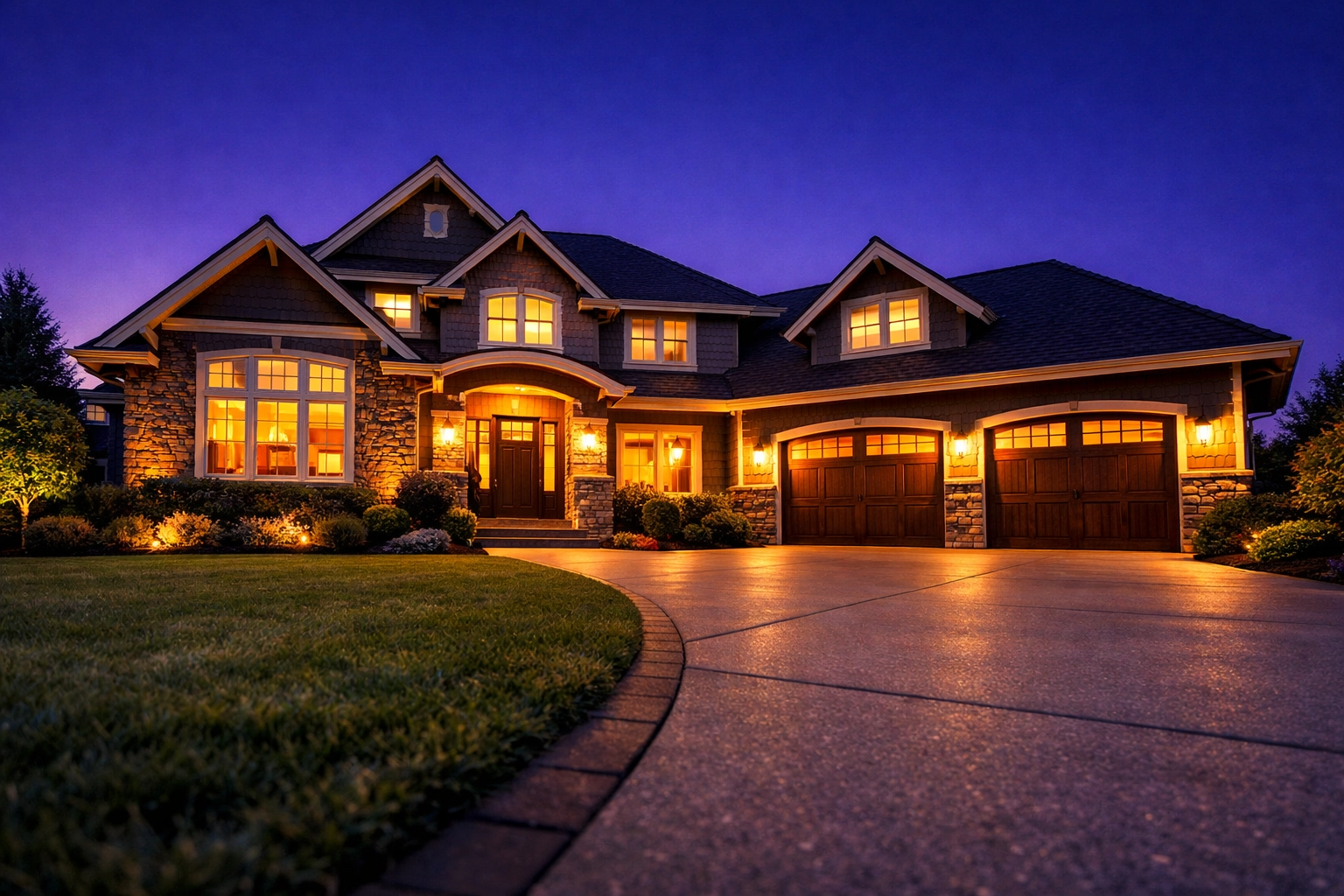 A perfectly maintained suburban home at dusk showcasing the value of smart home management.