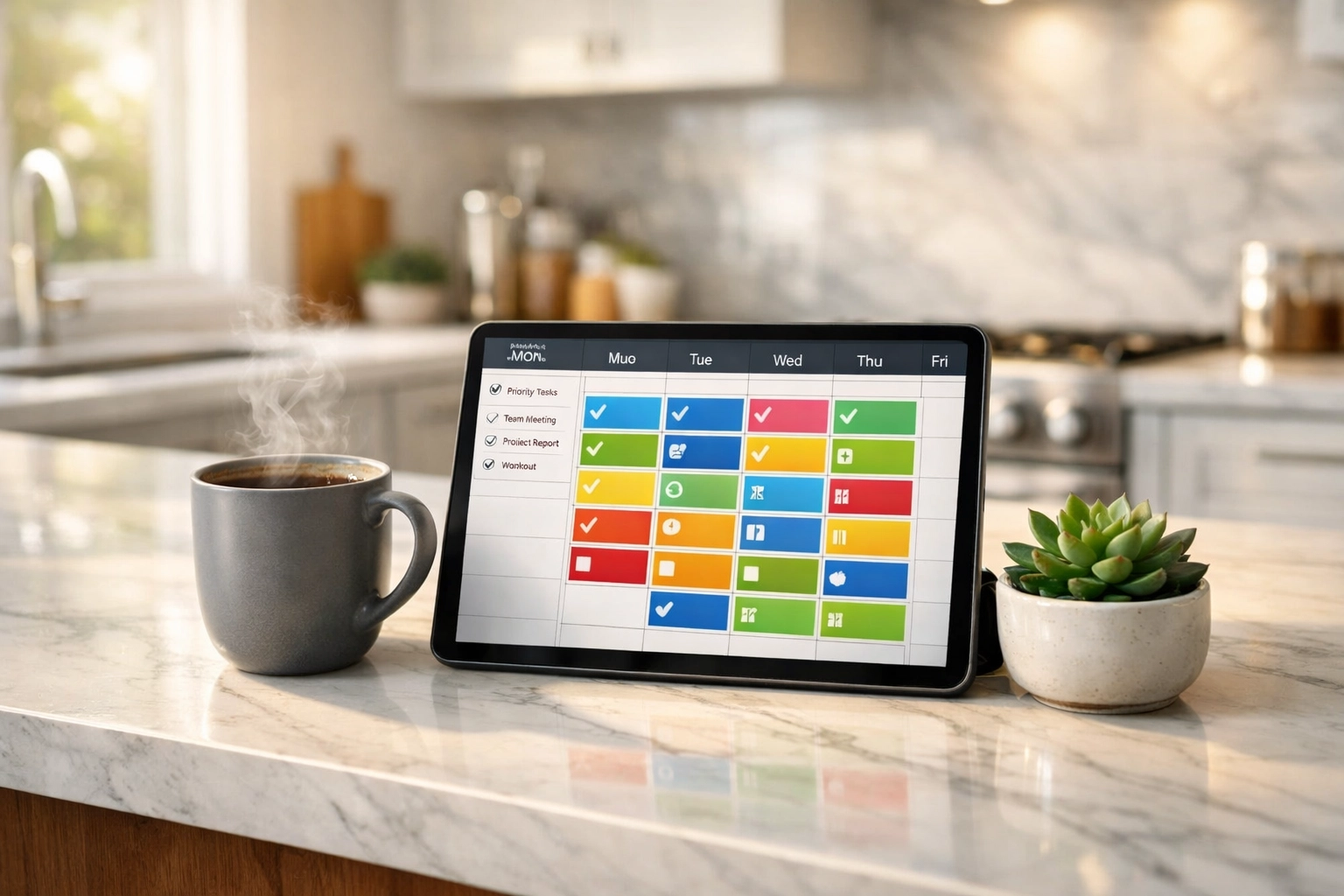 A tablet with a home maintenance app and digital checklist on a sunny kitchen island.