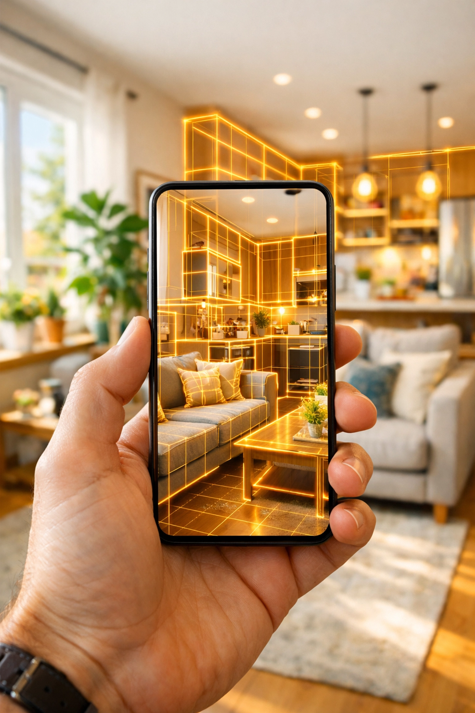 Smartphone app creating a digital twin of a living room for smart home inventory management.