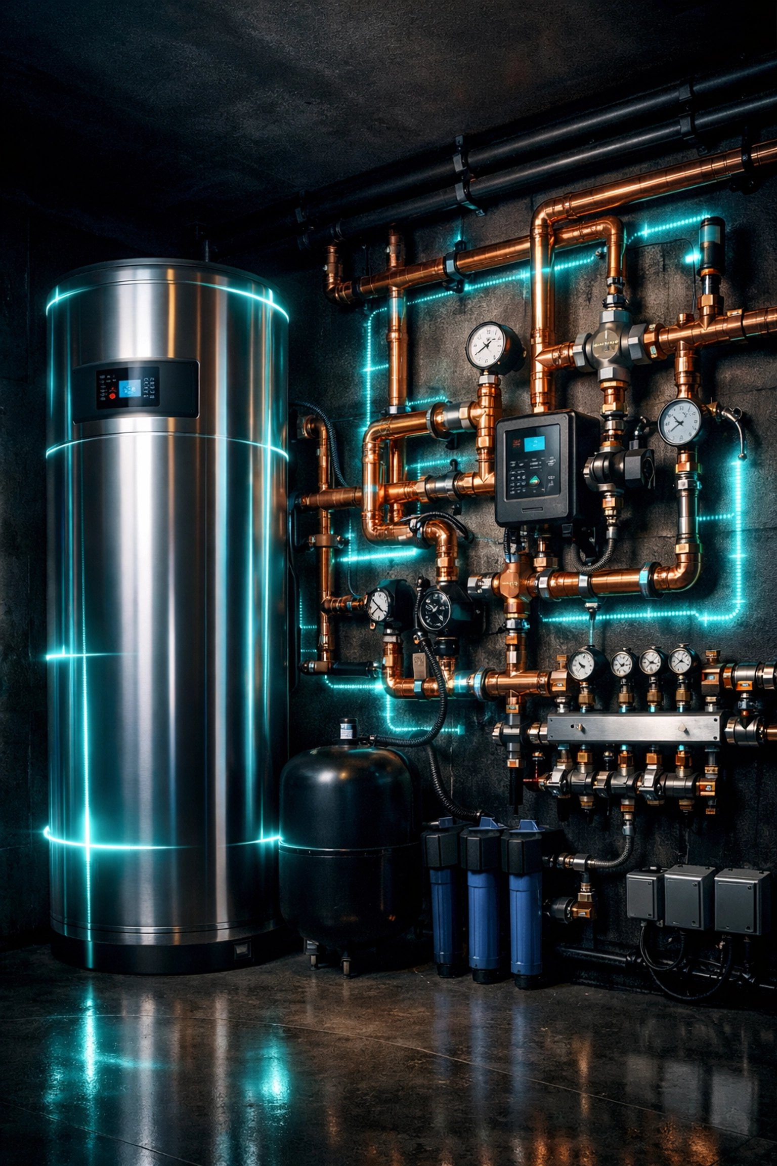 Smart home utility room with a water heater and pipes scanned for home health maintenance tracking.