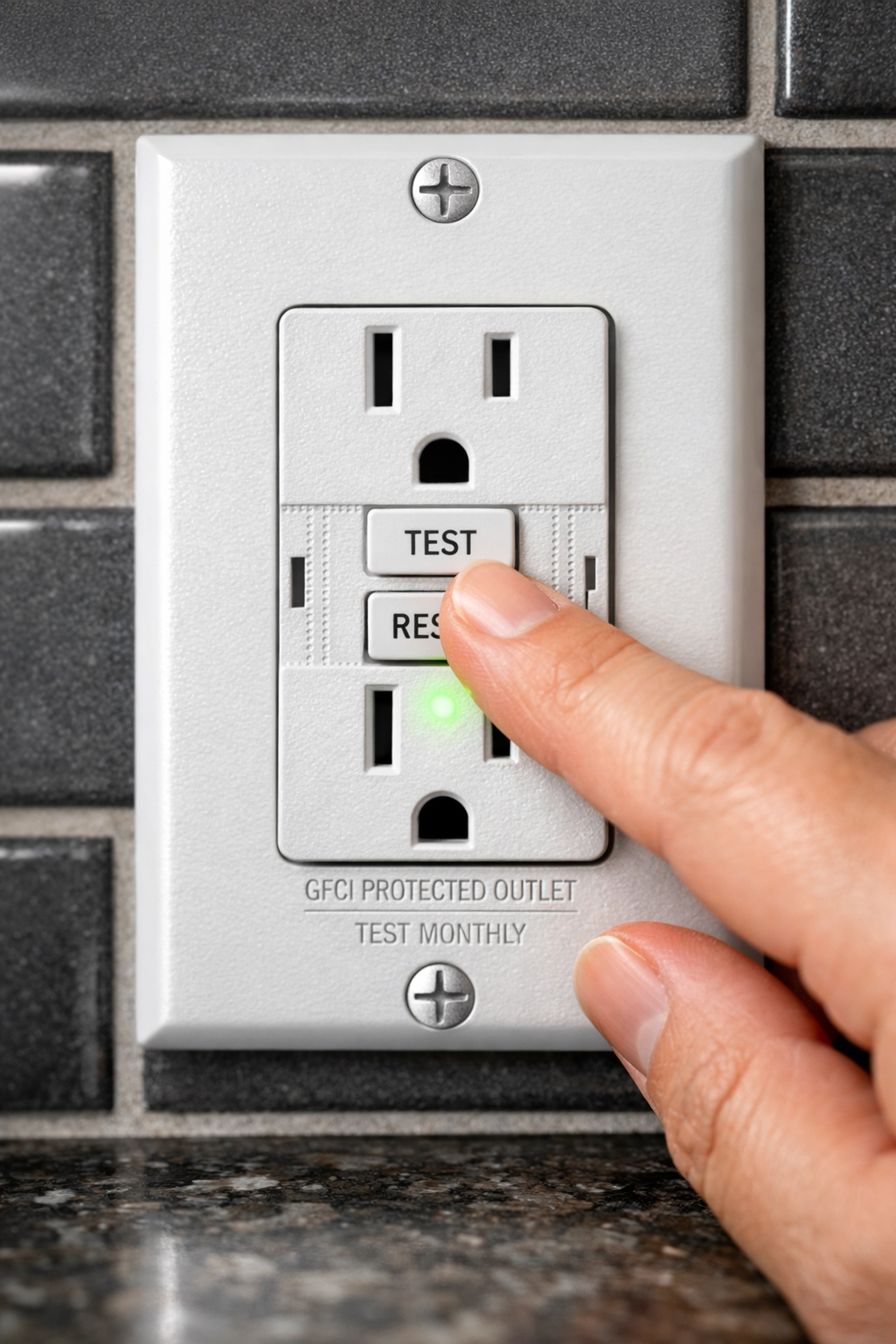 Testing a kitchen GFCI outlet to ensure electrical safety within a digital home inventory list.