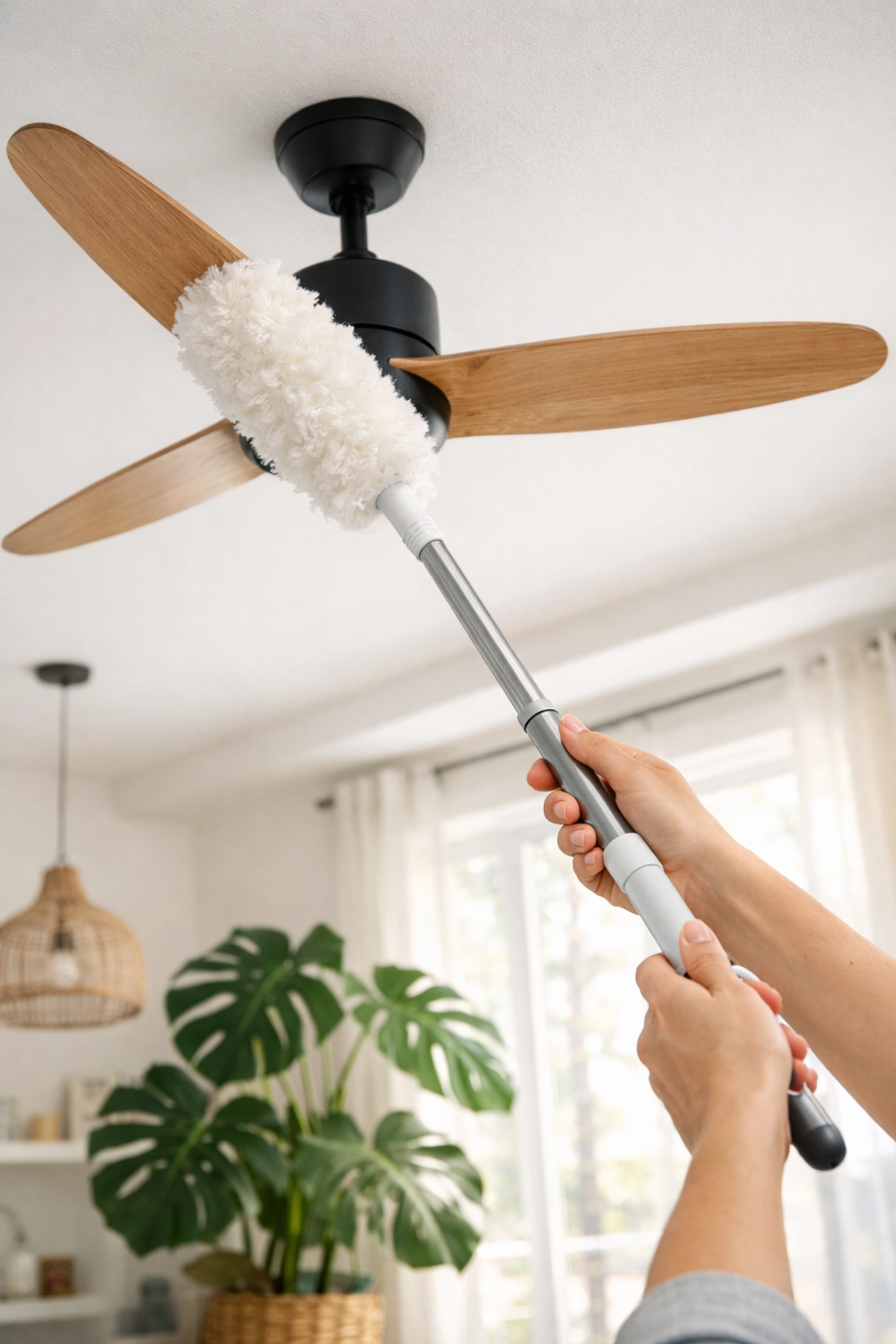 Cleaning a ceiling fan to illustrate regular home maintenance tasks tracked in a management app.