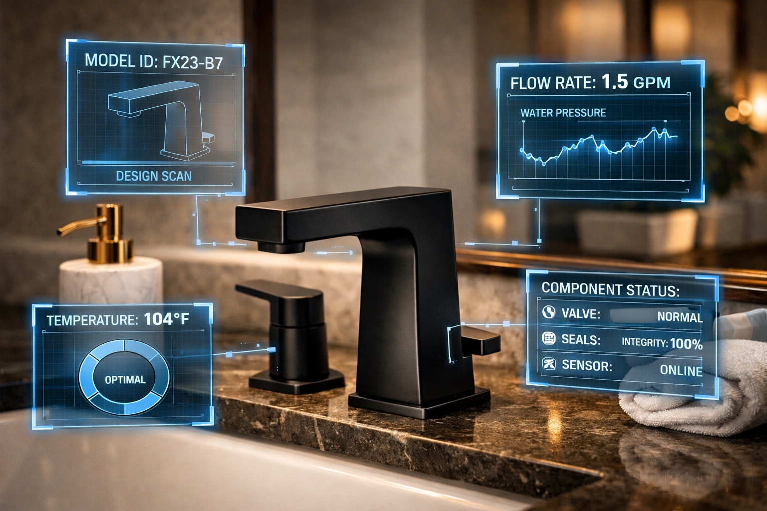 Digital interface identifying a bathroom faucet model for precise DIY repair specs.