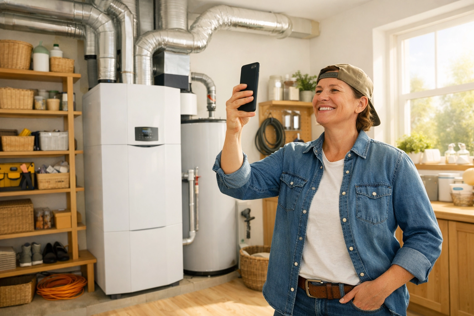 Homeowner using a smartphone to diagnose HVAC issues and save on home repair costs.