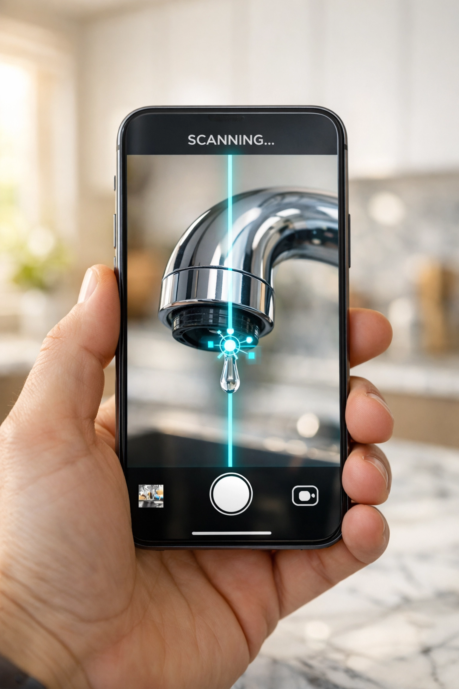 Smartphone app scanning a leaking kitchen faucet for instant AI home repair diagnosis.