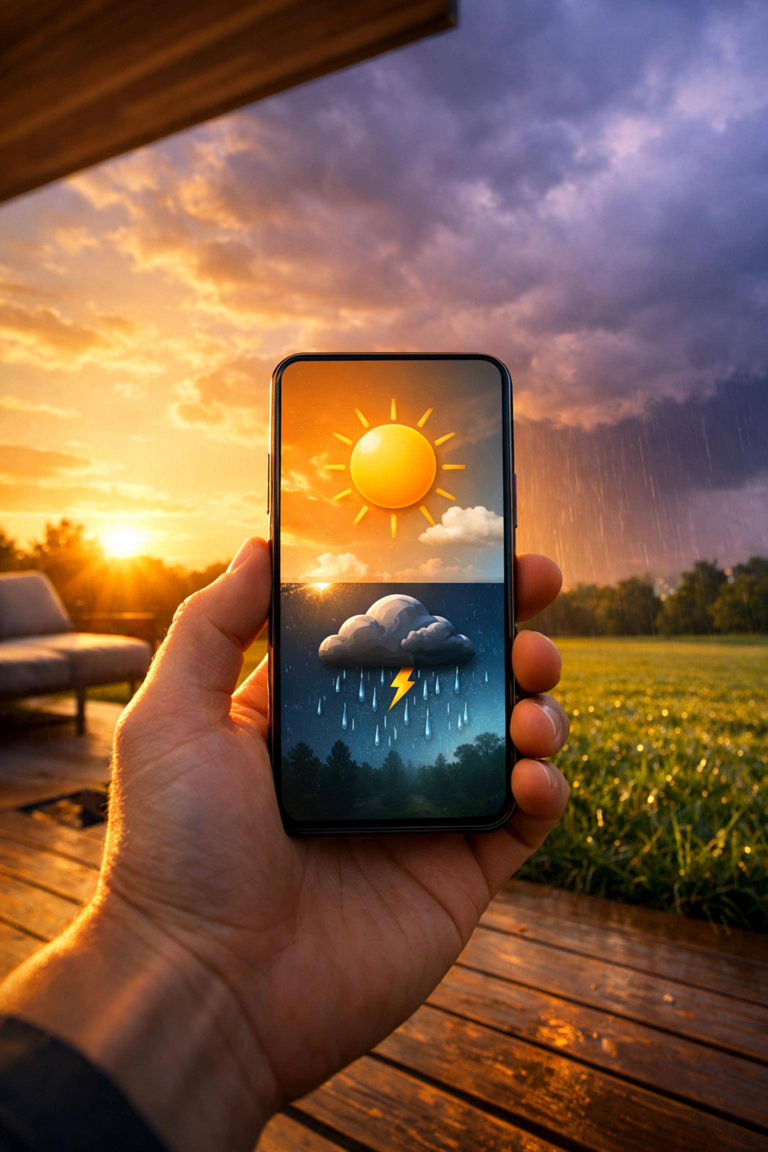 Person using a weather-smart lawn care app to monitor local forecasts on a digital smartphone.