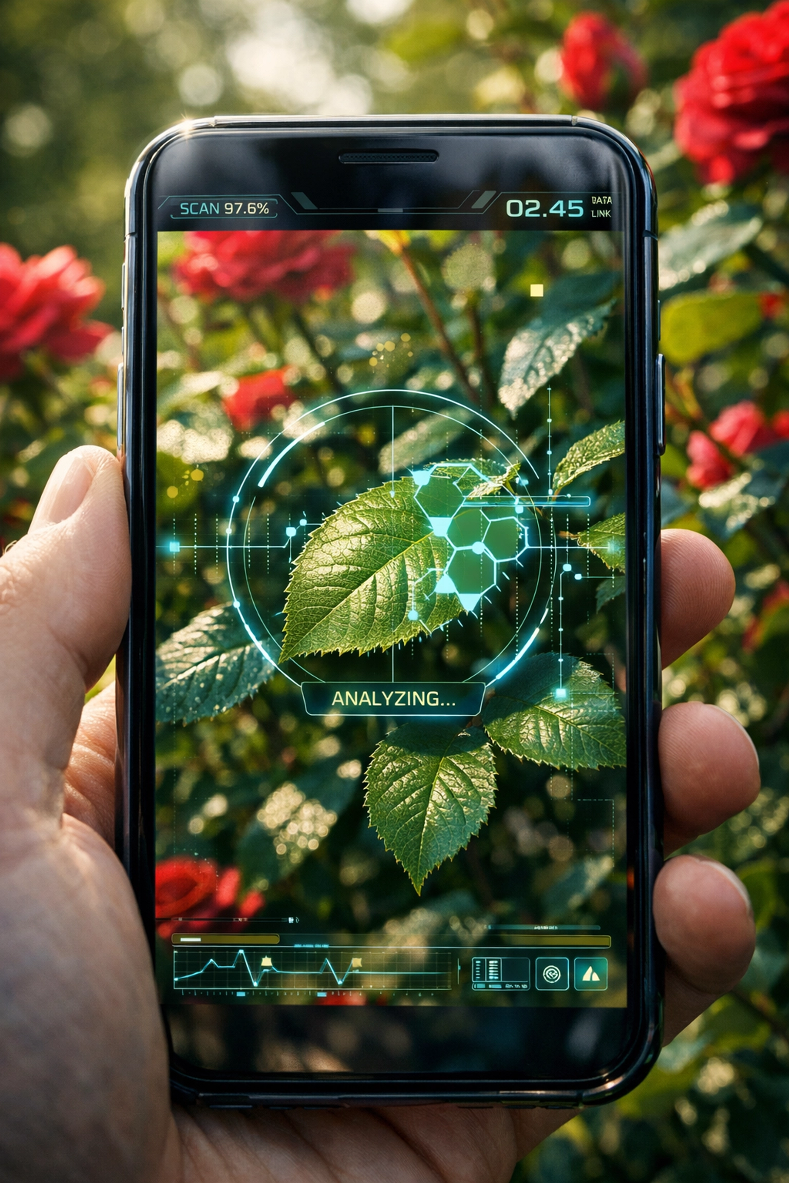 Smartphone using garden care AI to diagnose plant disease on a rose bush with digital scanning.
