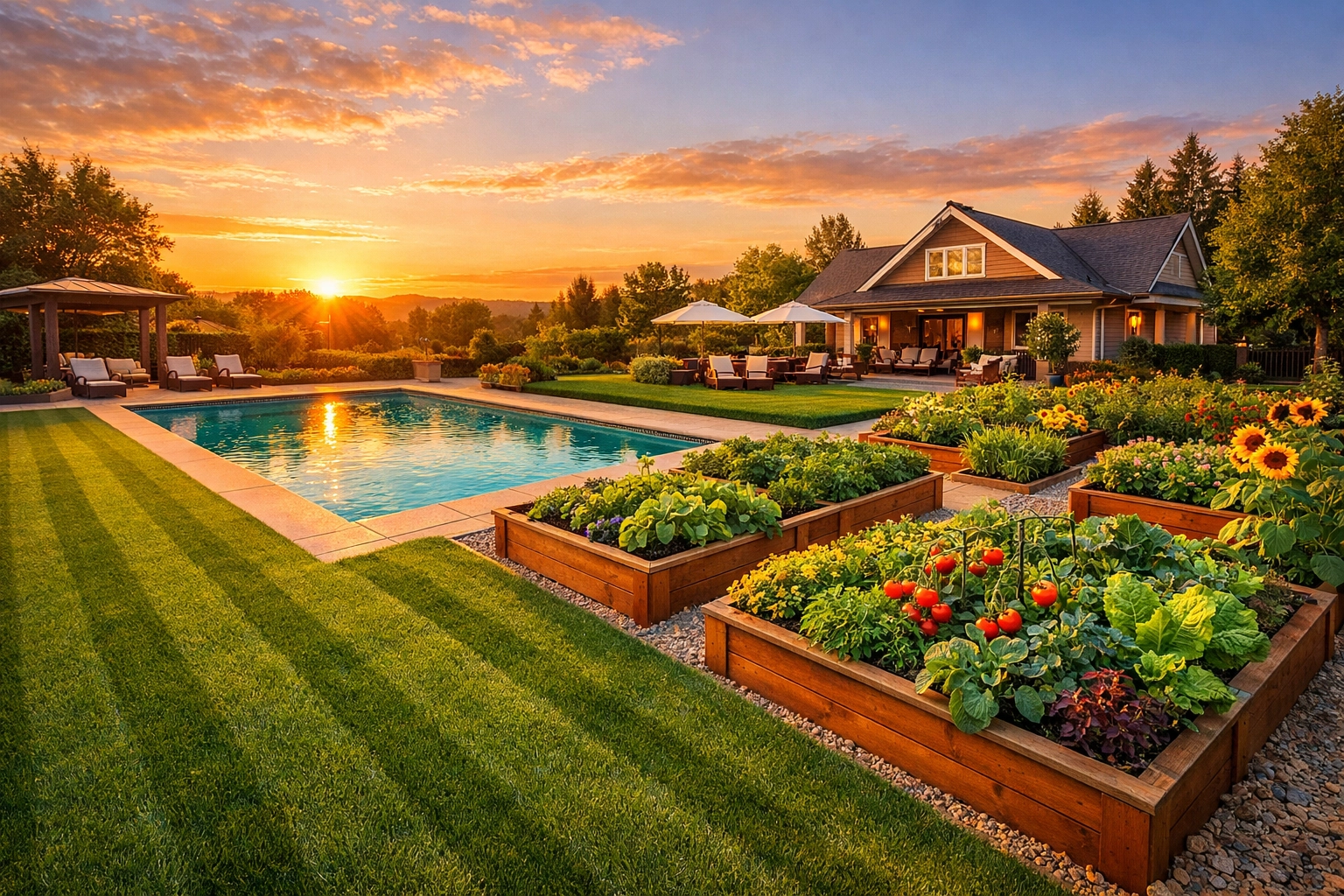 Pristine backyard with a green lawn and clear pool maintained by AI-powered home services.