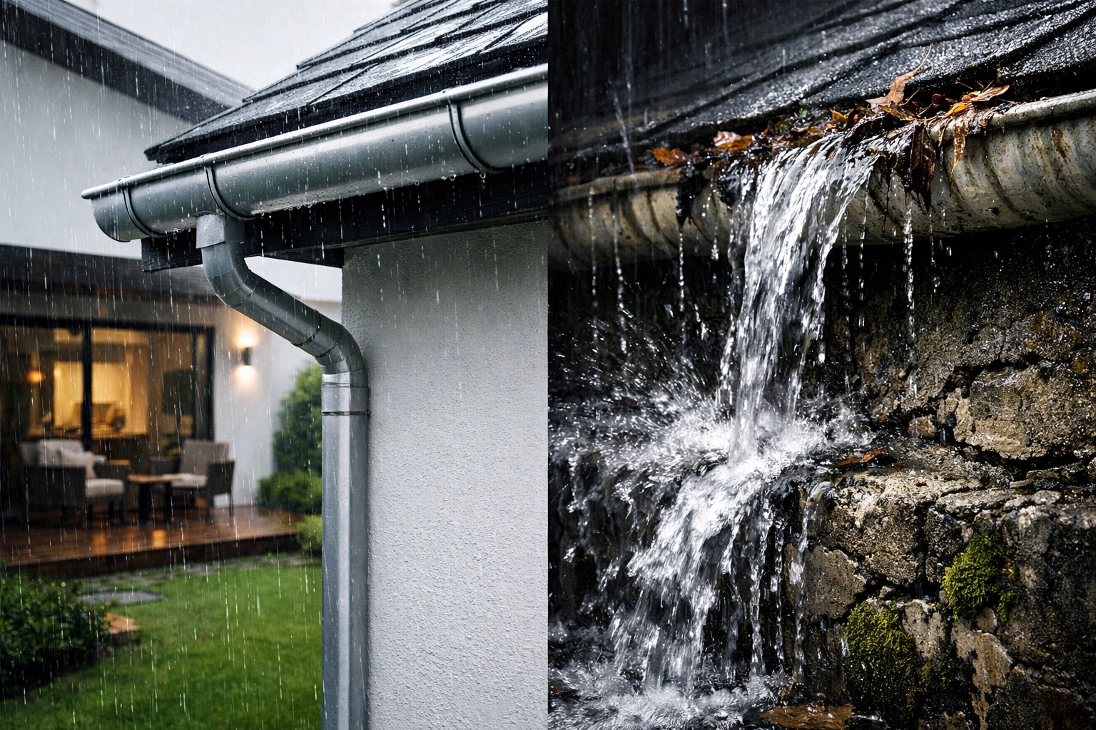 A comparison of a well-maintained home with clear gutters versus a clogged gutter causing foundation damage.