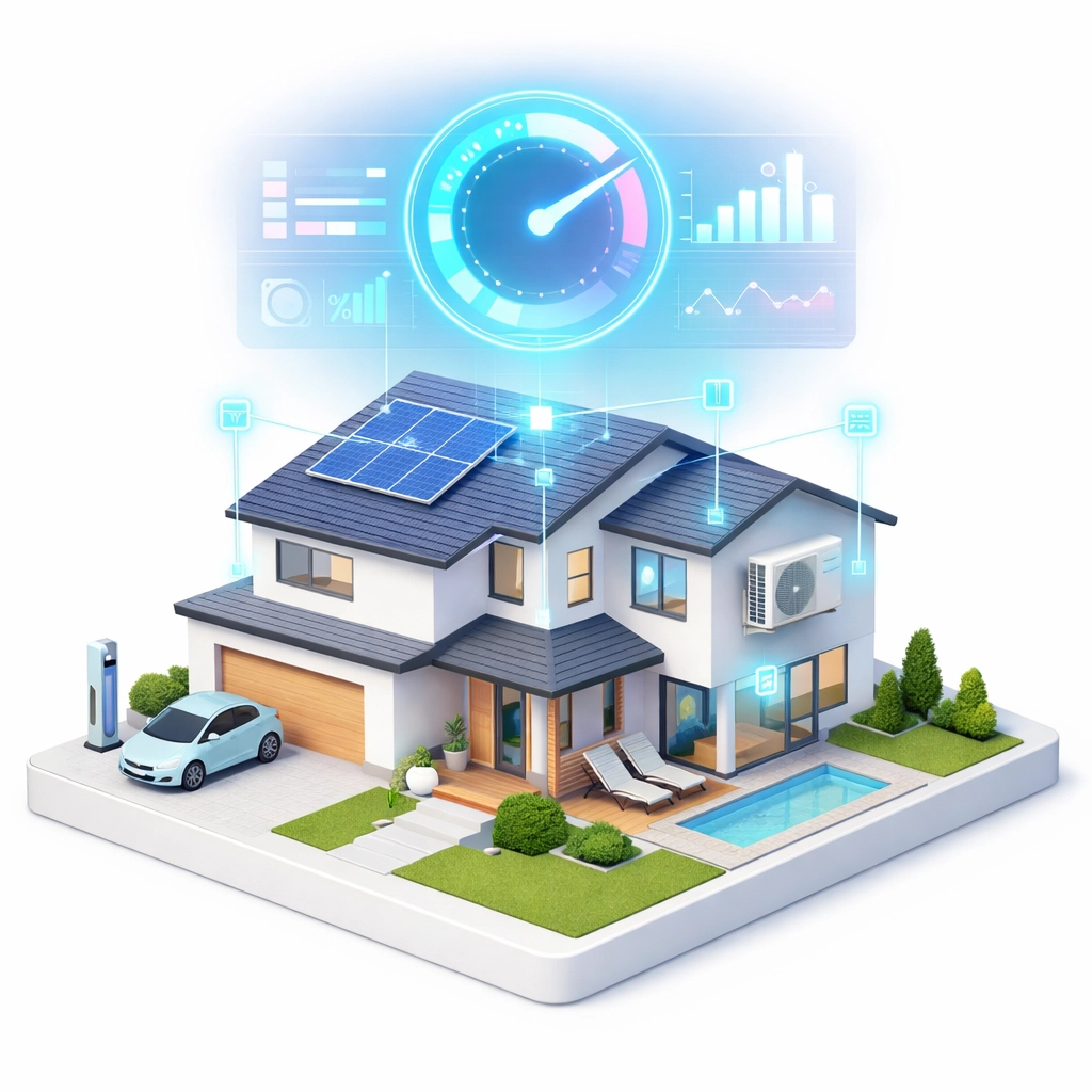 A smart home upkeep app interface visualizing a property health score and maintenance tracking data.