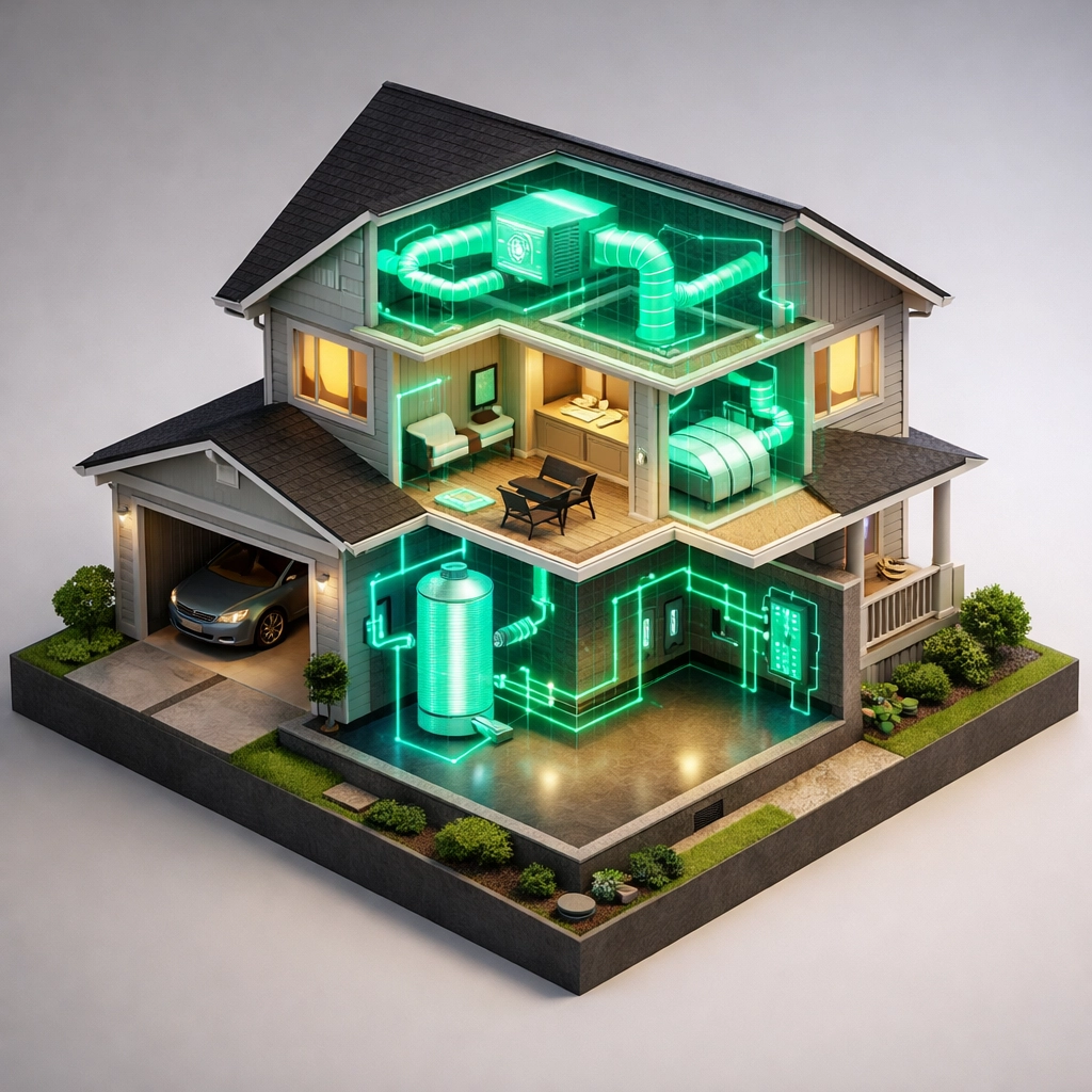 Smart home cutaway showing AI-powered monitoring of HVAC and electrical systems for home health.