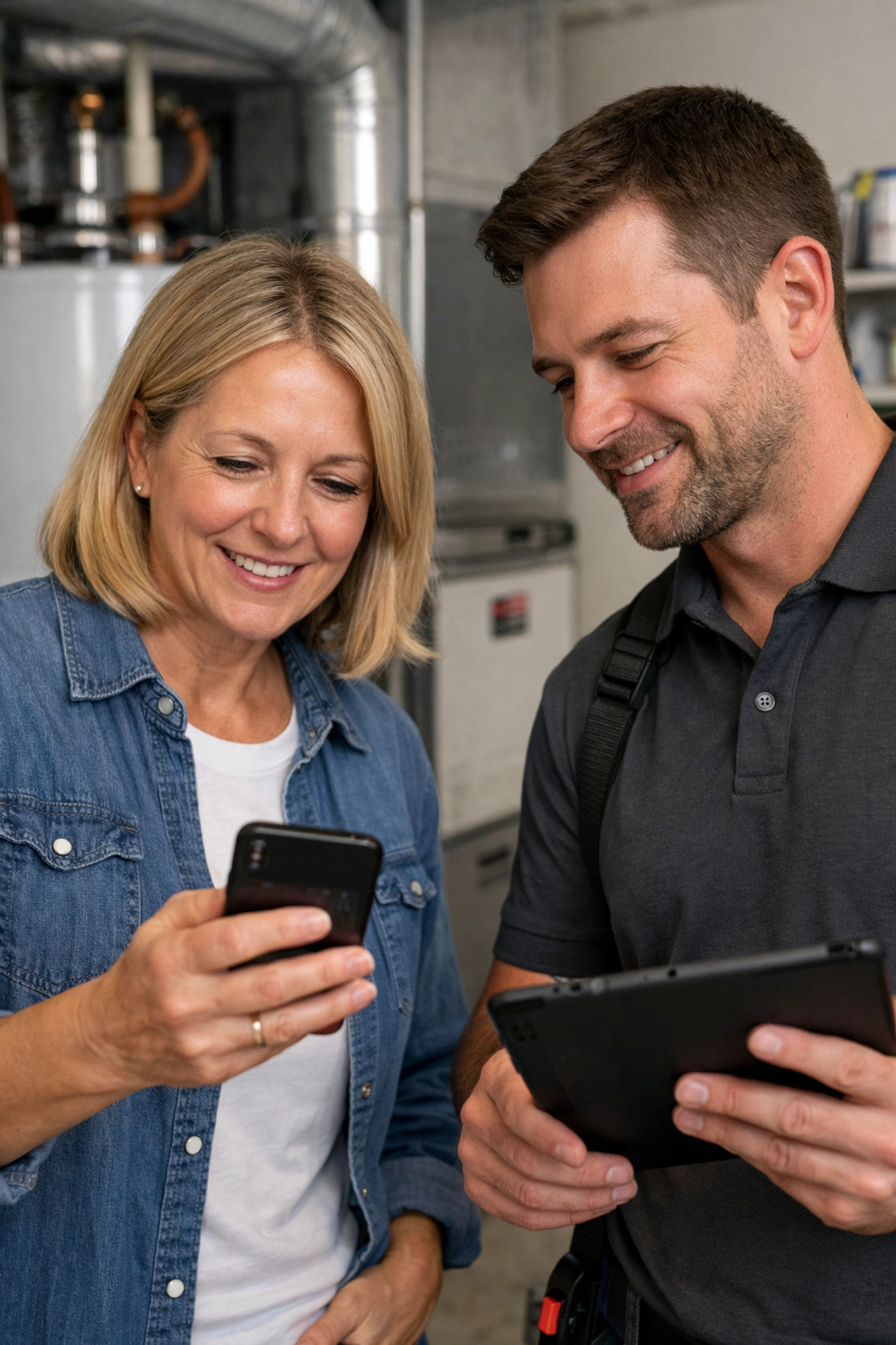 Homeowner and professional contractor reviewing an AI home diagnosis for an accurate repair quote.