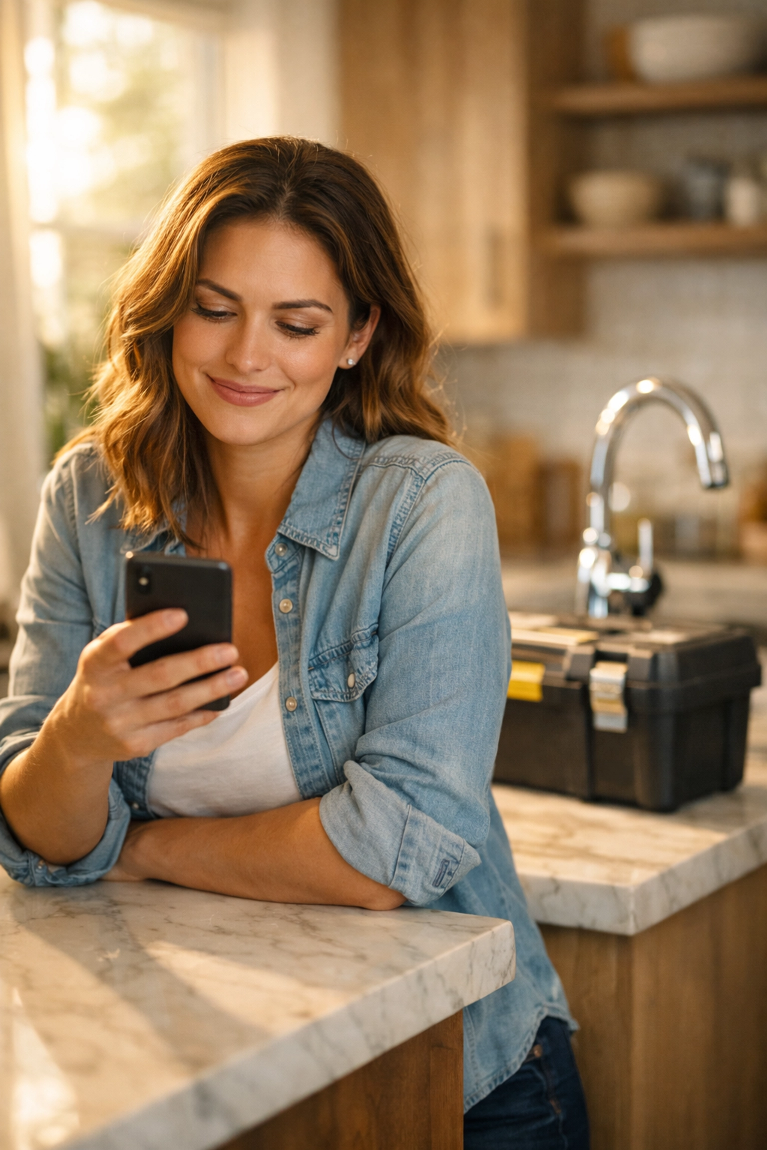 Homeowner using the TotalHome Hub app in a kitchen to manage home maintenance and repairs.