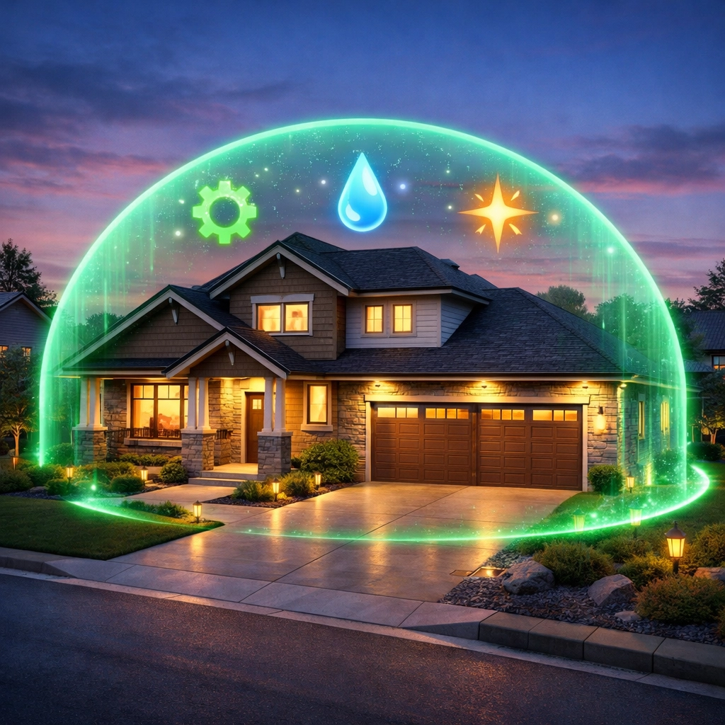 Modern suburban house with a protective green aura representing a high Home Health Score and safety.
